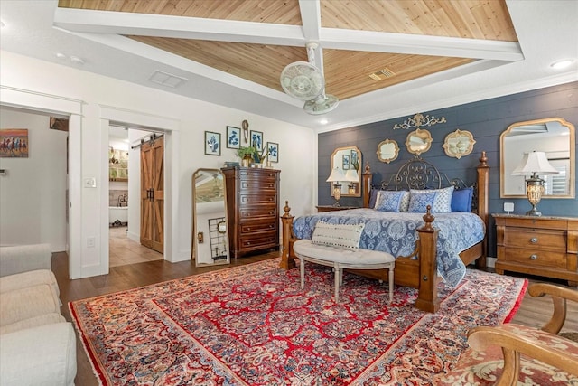 bedroom featuring visible vents, wood finished floors, wood ceiling, and a raised ceiling