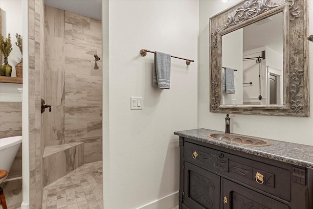 full bath featuring baseboards, a tile shower, and vanity