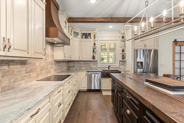 kitchen with open shelves, premium range hood, butcher block countertops, dark wood-style flooring, and stainless steel appliances