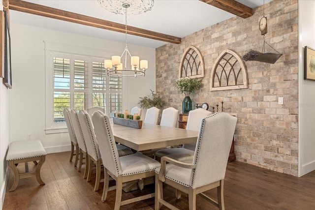 dining room with baseboards, a chandelier, beamed ceiling, and hardwood / wood-style flooring
