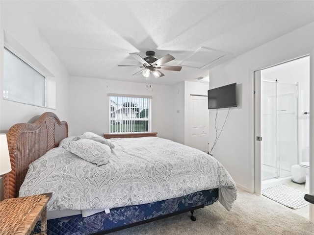 bedroom featuring attic access, ensuite bath, ceiling fan, carpet, and a closet