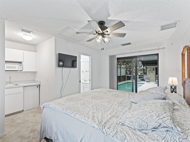 bedroom featuring light carpet, visible vents, and a sink