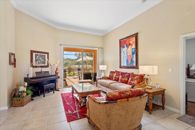 living area with ornamental molding, baseboards, and light tile patterned floors