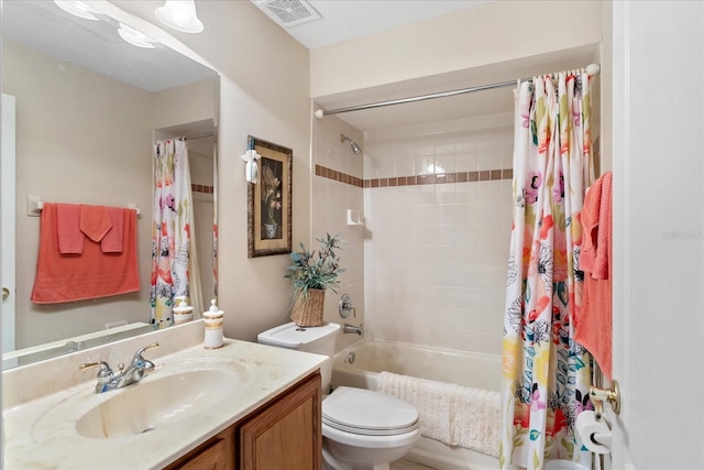 full bathroom with toilet, vanity, shower / bath combination with curtain, and visible vents