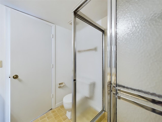 full bathroom featuring a shower stall and toilet