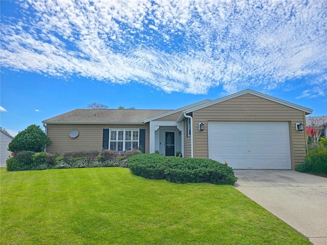 ranch-style house featuring an attached garage, driveway, and a front lawn