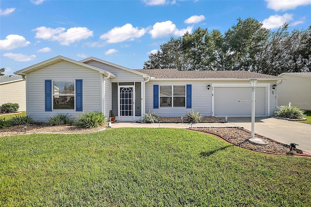 single story home featuring driveway, a garage, and a front lawn