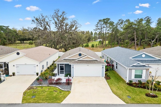 ranch-style house featuring concrete driveway, a front lawn, an attached garage, and a shingled roof