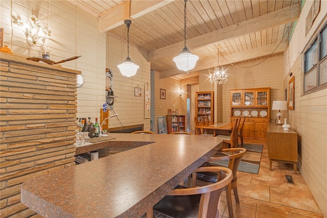 kitchen featuring dark countertops, visible vents, hanging light fixtures, wood ceiling, and beamed ceiling