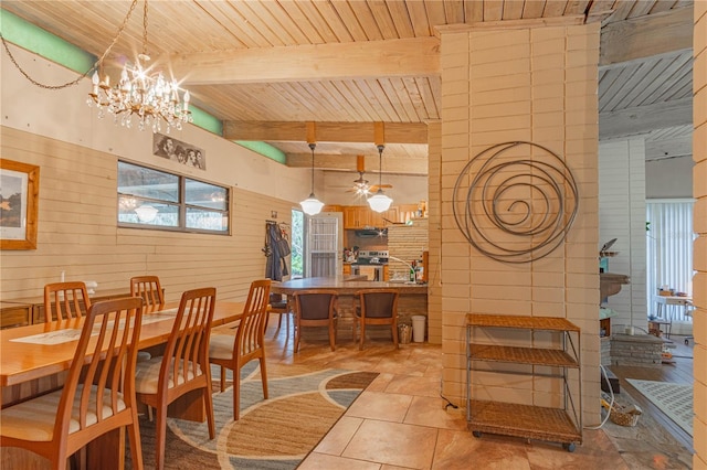 dining room with wood ceiling, beam ceiling, wooden walls, and ceiling fan with notable chandelier