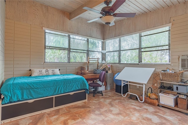 bedroom with a ceiling fan, wood ceiling, beamed ceiling, and wooden walls