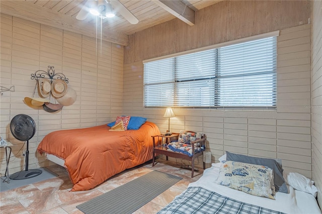 bedroom featuring ceiling fan, wood ceiling, and beam ceiling