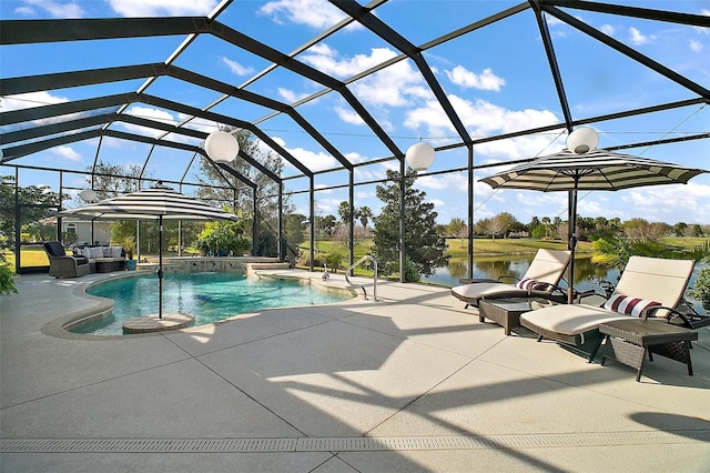 pool featuring a lanai, outdoor lounge area, and a patio