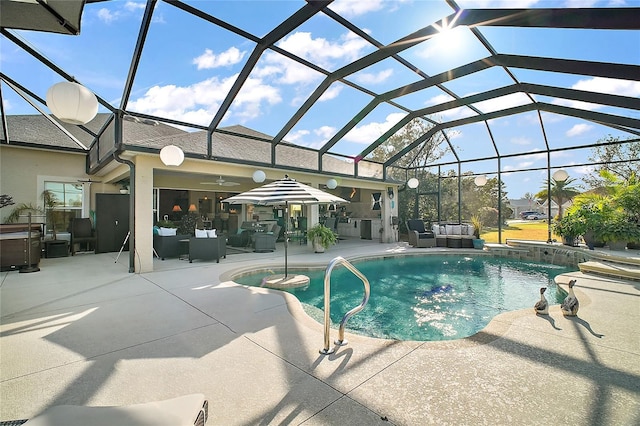 outdoor pool with glass enclosure, ceiling fan, an outdoor living space, and a patio