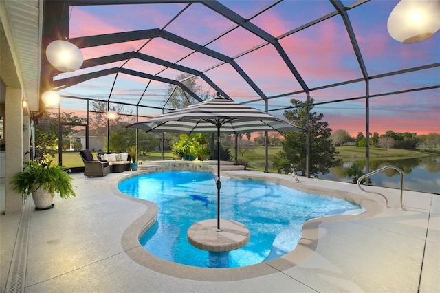 outdoor pool featuring a lanai, a patio area, and outdoor lounge area