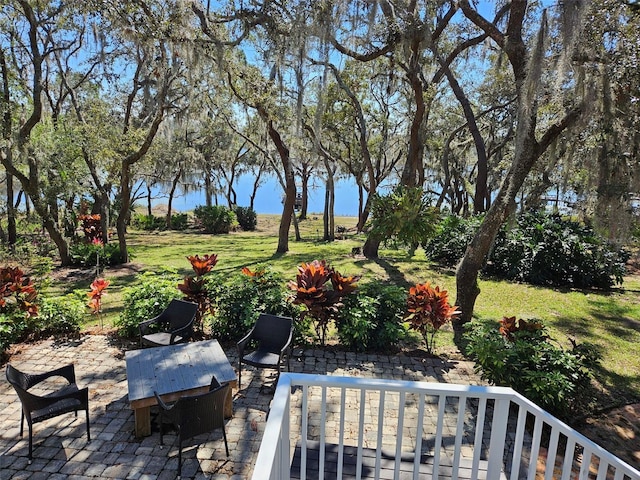 view of patio featuring a water view