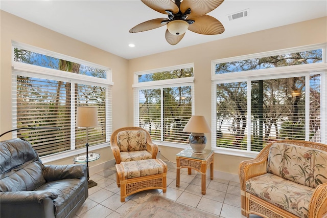 sunroom featuring a ceiling fan and visible vents