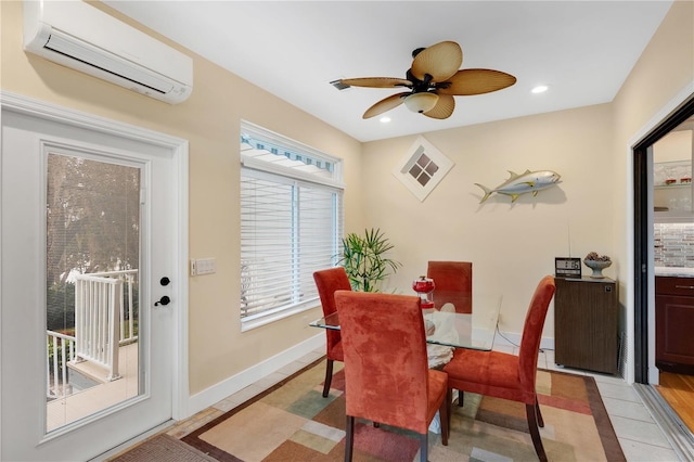 dining space with light tile patterned floors, baseboards, a ceiling fan, a wall unit AC, and recessed lighting