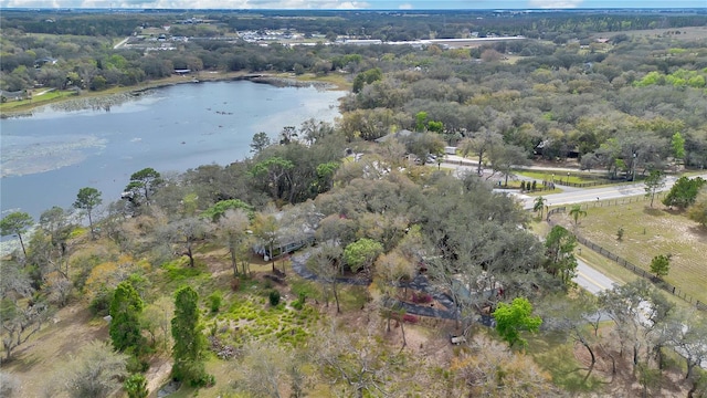 bird's eye view featuring a water view and a view of trees