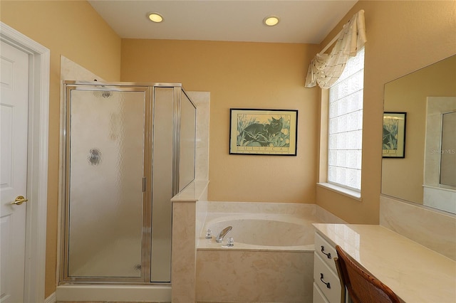 full bathroom with a stall shower, vanity, recessed lighting, and a bath