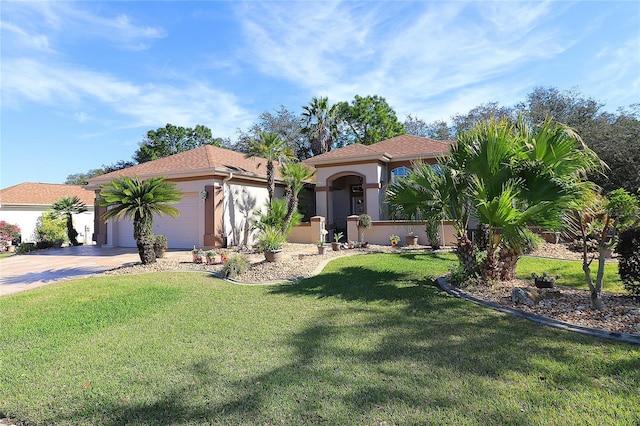 mediterranean / spanish-style house featuring an attached garage, driveway, a front yard, and stucco siding