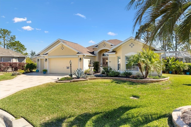 mediterranean / spanish house featuring driveway, a front lawn, an attached garage, and stucco siding