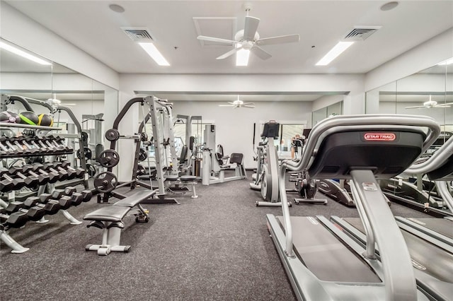 exercise room with ceiling fan and visible vents