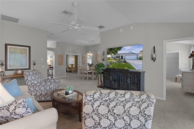 living room with light colored carpet, ceiling fan, vaulted ceiling, and visible vents