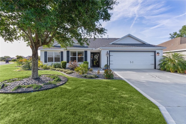 ranch-style house featuring a shingled roof, a front lawn, driveway, and a garage
