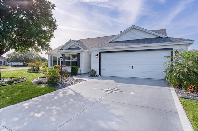 ranch-style home featuring a garage, driveway, a shingled roof, and a front yard