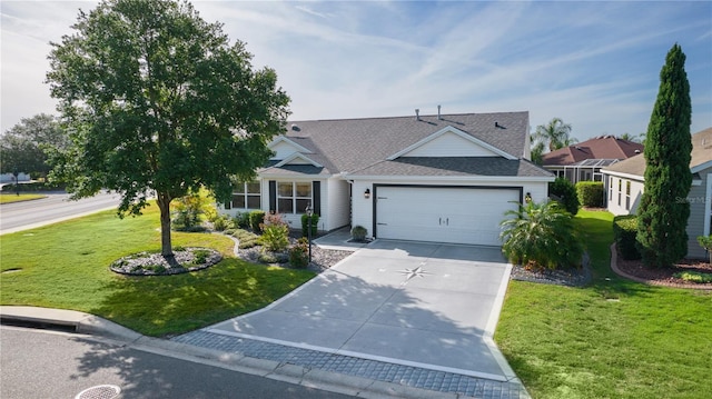 view of front facade featuring concrete driveway, a front yard, a shingled roof, and a garage