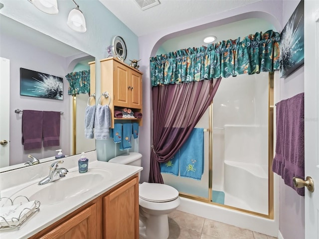 full bath with a stall shower, visible vents, toilet, tile patterned flooring, and vanity