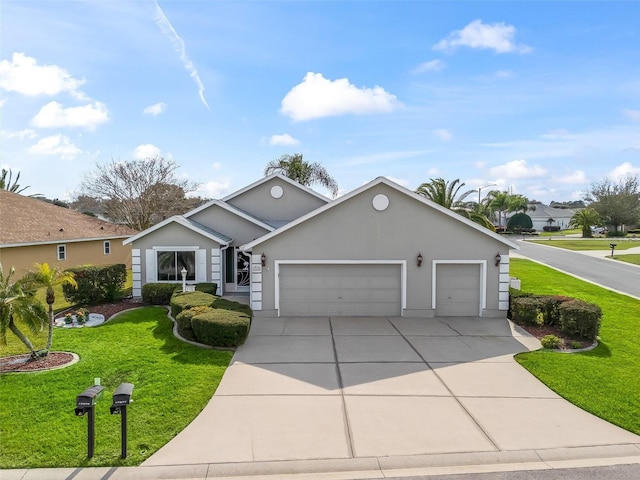 ranch-style house with an attached garage, stucco siding, concrete driveway, and a front yard