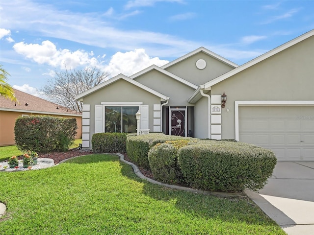 single story home with a garage, a front lawn, concrete driveway, and stucco siding