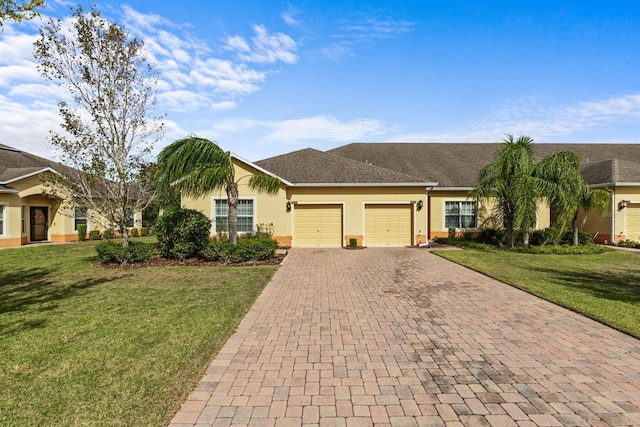 ranch-style house featuring roof with shingles, an attached garage, decorative driveway, a front lawn, and stucco siding