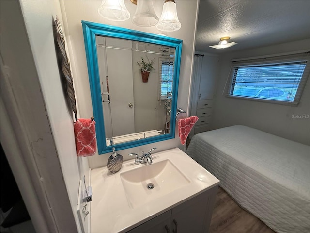 bathroom with vanity, a textured ceiling, and wood finished floors