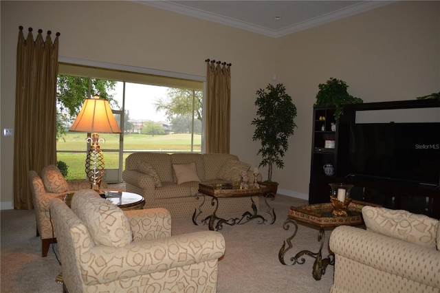 living room featuring baseboards, crown molding, and carpet