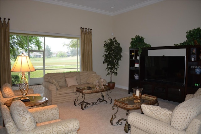 carpeted living room with ornamental molding