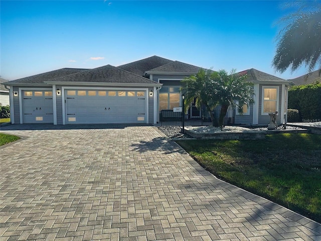 view of front of home with decorative driveway and an attached garage