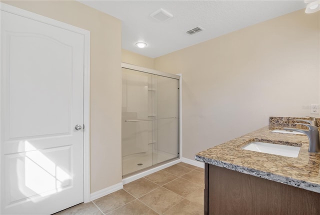 full bathroom with tile patterned flooring, visible vents, a sink, and a shower stall