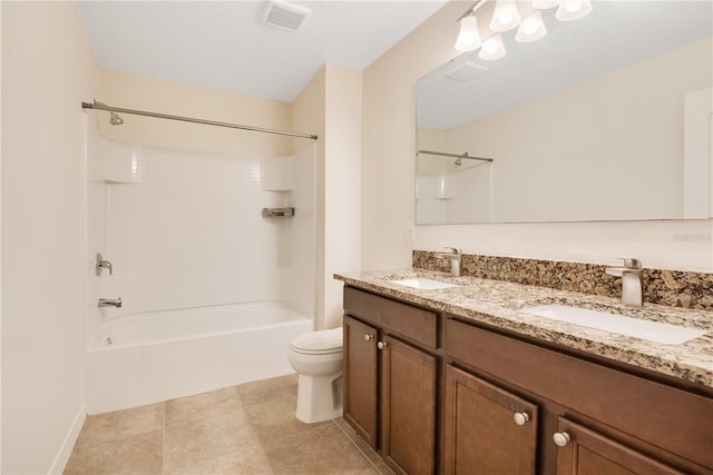 full bathroom featuring toilet, bathtub / shower combination, a sink, and visible vents