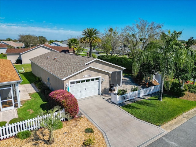 ranch-style house with a shingled roof, fence, driveway, and a front lawn