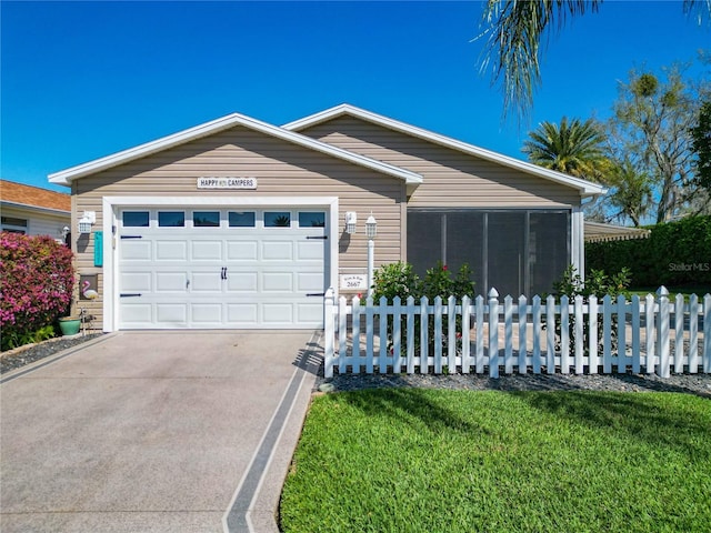 single story home featuring a fenced front yard, a front yard, concrete driveway, and an attached garage