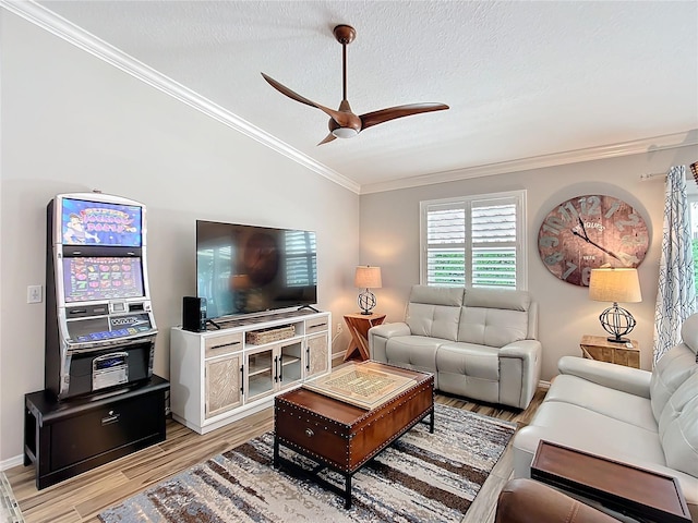 living room with crown molding, light wood-style flooring, a ceiling fan, a textured ceiling, and baseboards