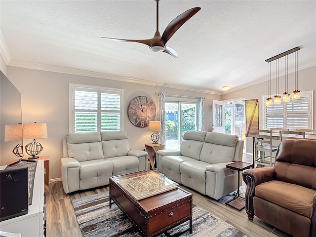 living area featuring a textured ceiling, ceiling fan, ornamental molding, and light wood-style floors