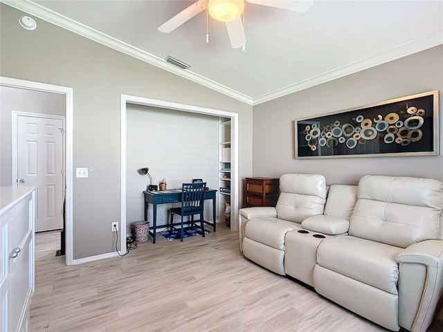 living room with visible vents, lofted ceiling, ceiling fan, crown molding, and light wood-style floors