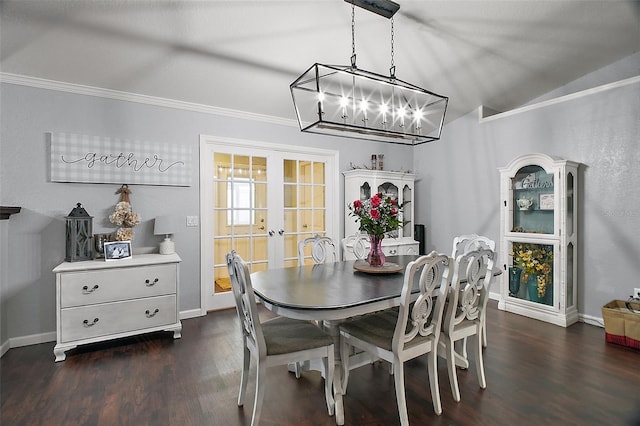 dining space featuring french doors, baseboards, crown molding, and dark wood-style flooring