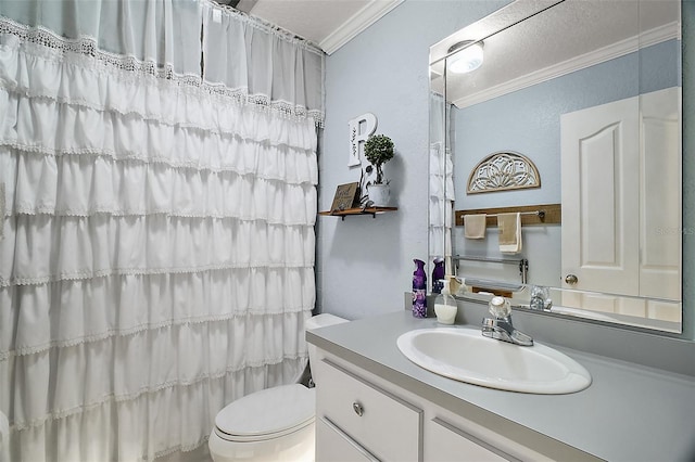 bathroom with ornamental molding, vanity, toilet, and a shower with curtain