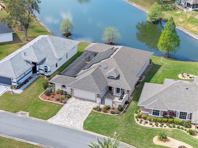 drone / aerial view featuring a water view