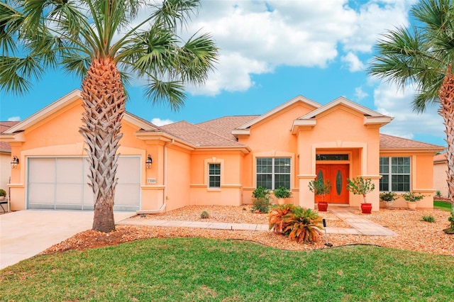 mediterranean / spanish-style home with concrete driveway, an attached garage, and stucco siding